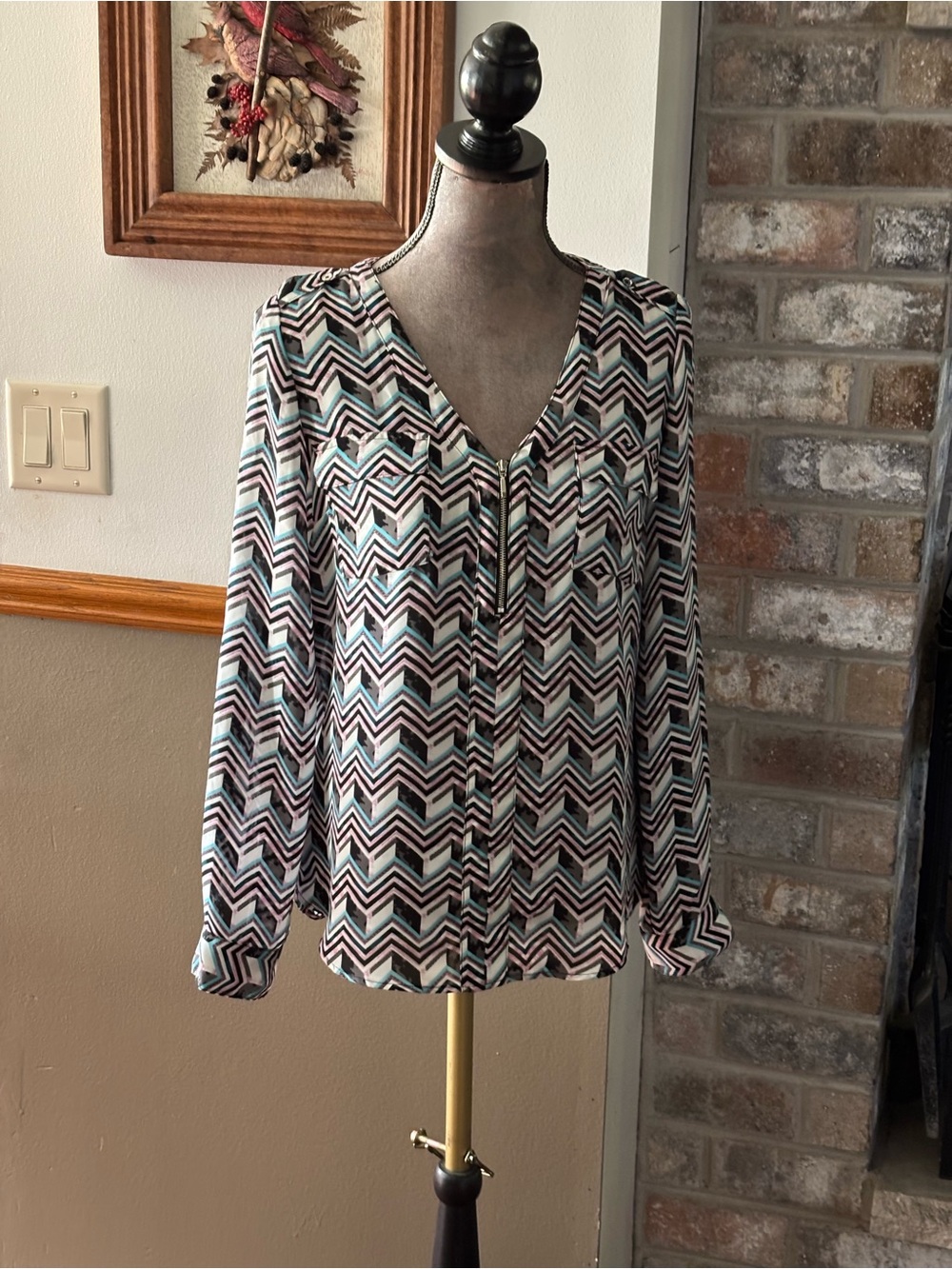 Candie's Chevron V-Neck Long Sleeve Blouse - Black, White, Teal